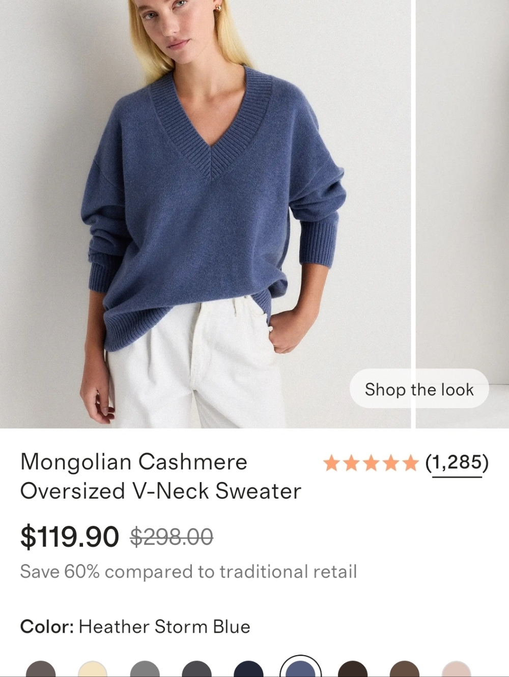 Quince Cashmere Oversized V Neck Sweater. Heather Blue storm